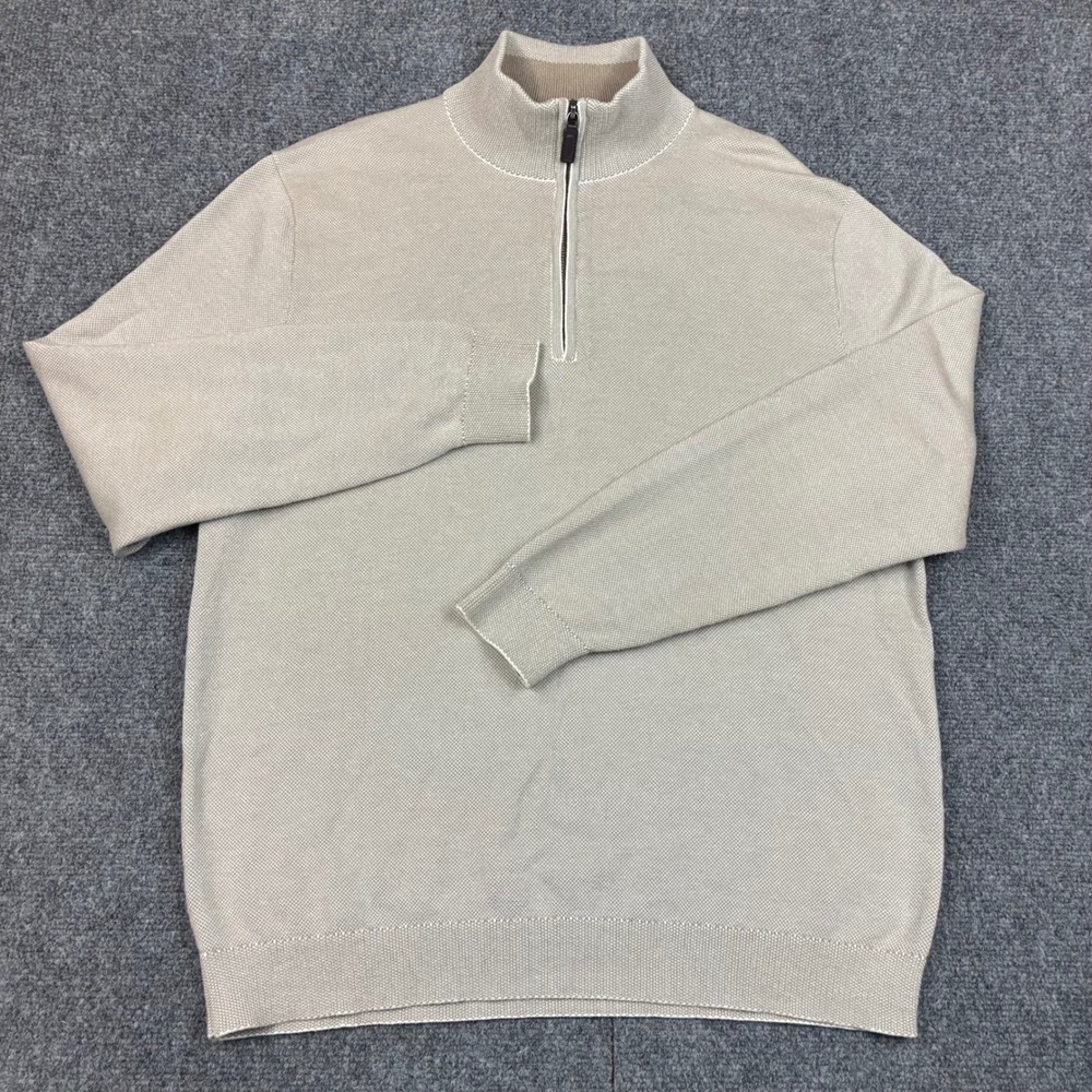 Roundtree & Yorke Mens Beige Quarter Zip Textured Knit Sweater Large Mock Neck